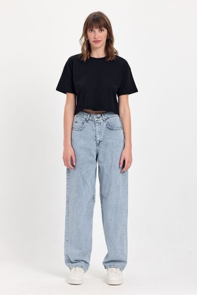 %100 Pamuk Crop Bisiklet Yaka Örme T-Shirt