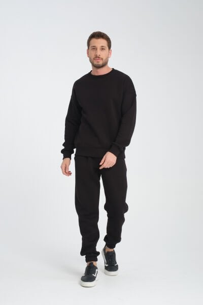 Siyah Bisiklet Yaka Oversize Şardonlu Basic Erkek Sweatshirt