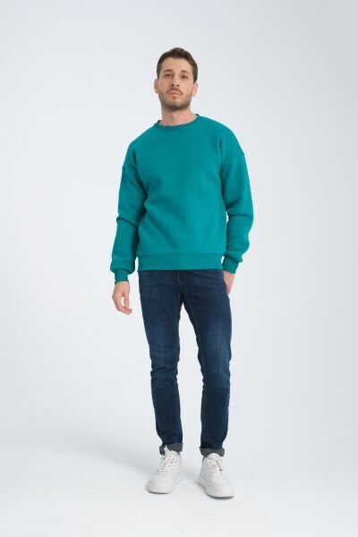 Yeşil Bisiklet Yaka Oversize Şardonlu Basic Erkek Sweatshirt
