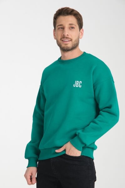 Bisiklet Yaka Nakışlı Oversize Şardonlu Basic Erkek Sweatshirt