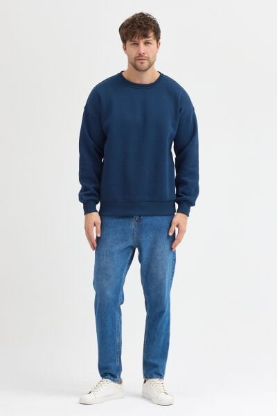 İndigo Bisiklet Yaka Oversize Şardonlu Basic Erkek Sweatshirt
