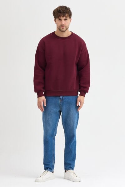 Vişne  Bisiklet Yaka Oversize Şardonlu Basic Erkek Sweatshirt