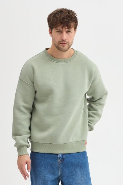 Buz Yeşil Bisiklet Yaka Oversize Şardonlu Basic Erkek Sweatshirt