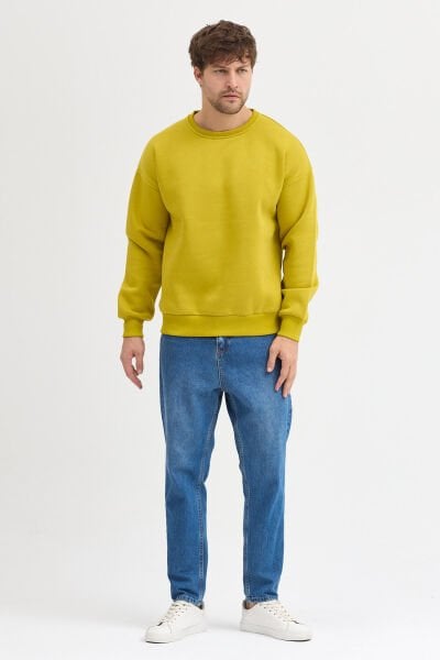 Palmiye Sarı Bisiklet Yaka Oversize Şardonlu Basic Erkek Sweatshirt