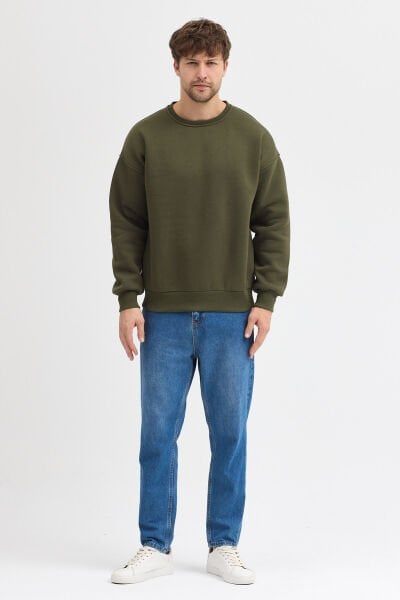 Haki Bisiklet Yaka Oversize Şardonlu Basic Erkek Sweatshirt