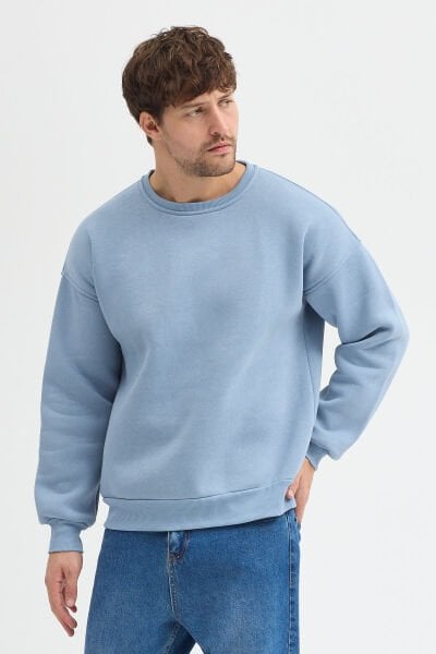 Bebe Mavi Bisiklet Yaka Oversize Şardonlu Basic Erkek Sweatshirt