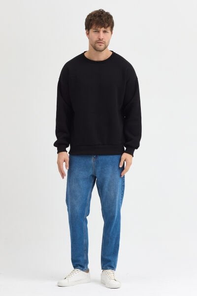 Siyah Bisiklet Yaka Oversize Şardonlu Basic Erkek Sweatshirt