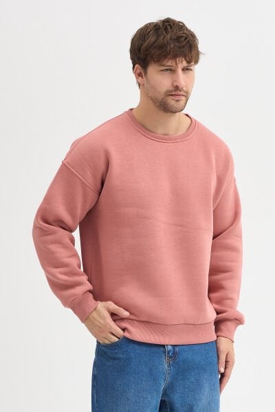 Mercan Bisiklet Yaka Oversize Şardonlu Basic Erkek Sweatshirt