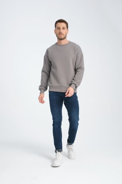 Gri Bisiklet Yaka Oversize Şardonlu Basic Erkek Sweatshirt