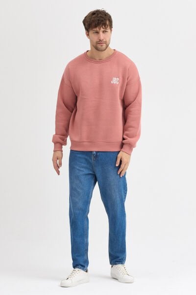 Nakışlı Mercan Bisiklet Yaka Oversize Şardonlu Basic Erkek Sweatshirt