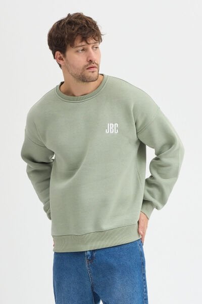 Nakışlı Buz Yeşil Bisiklet Yaka Oversize Şardonlu Basic Erkek Sweatshirt