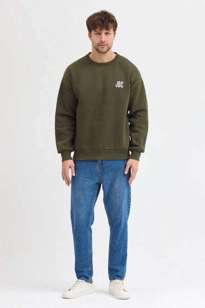 Nakışlı Haki Yeşil Bisiklet Yaka Oversize Şardonlu Basic Erkek Sweatshirt