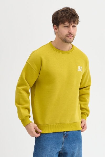 Nakışlı Sarı Bisiklet Yaka Oversize Şardonlu Basic Erkek Sweatshirt