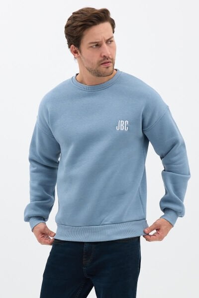 Nakışlı Bebe Mavi Bisiklet Yaka Oversize Şardonlu Basic Erkek Sweatshirt