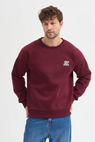 Nakışlı Vişne Bisiklet Yaka Oversize Şardonlu Basic Erkek Sweatshirt
