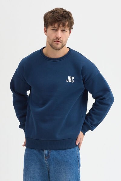 Nakışlı İndigo Bisiklet Yaka Oversize Şardonlu Basic Erkek Sweatshirt