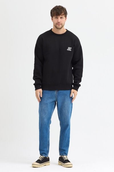 Nakışlı Siyah Bisiklet Yaka Oversize Şardonlu Basic Erkek Sweatshirt