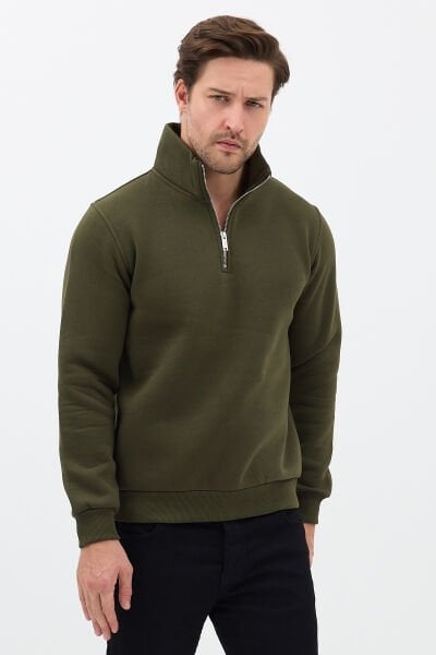 Relax Fit Rahat Kesim Pamuklu Içi Polarlı Yarım Fermuarlı Haki Dik Yaka Sweatshirt