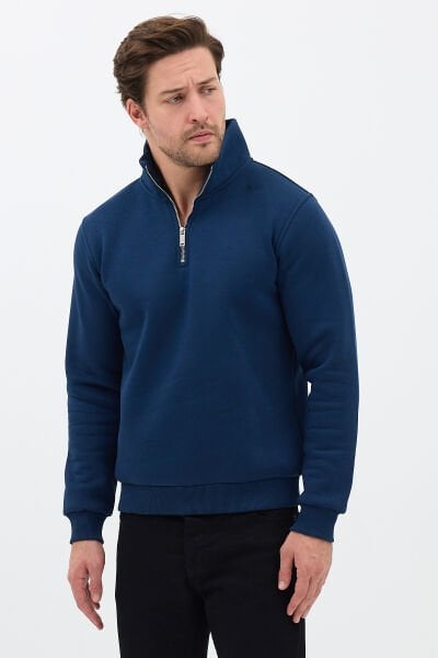 Relax Fit Rahat Kesim Pamuklu Içi Polarlı Yarım Fermuarlı İndigo Dik Yaka Sweatshirt