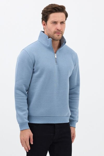 Relax Fit Rahat Kesim Pamuklu Içi Polarlı Yarım Fermuarlı Bebe Mavi Dik Yaka Sweatshirt