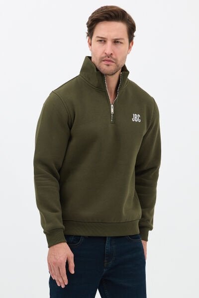 Relax Fit Rahat Kesim Nakışlı Yarım Fermuarlı Haki Dik Yaka Sweatshirt