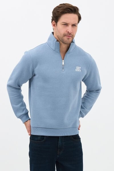 Relax Fit Rahat Kesim Nakışlı Yarım Fermuarlı Bebe Mavi Dik Yaka Sweatshirt
