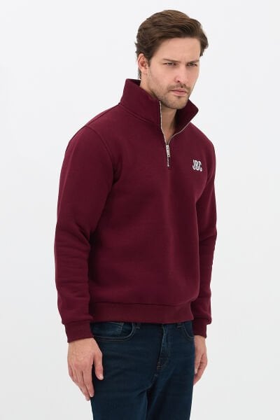 Relax Fit Rahat Kesim Nakışlı Yarım Fermuarlı Vişne Dik Yaka Sweatshirt