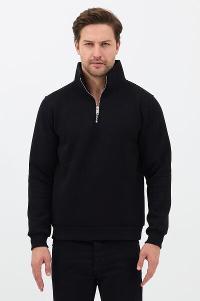 Relax Fit Rahat Kesim Pamuklu Içi Polarlı Yarım Fermuarlı Siyah Dik Yaka Sweatshirt